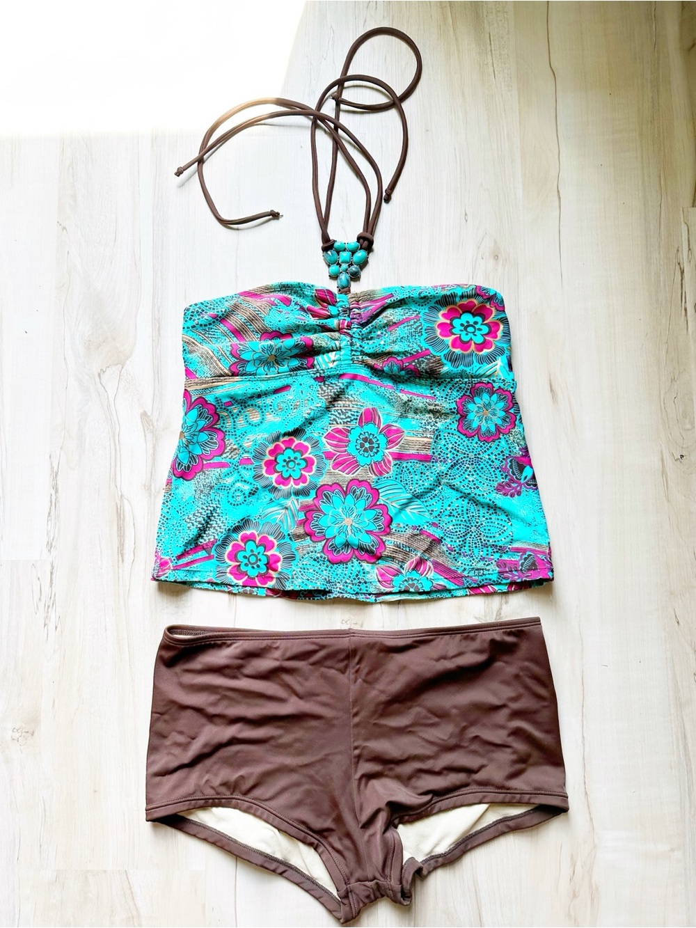 Faded Glory Turquoise Floral Trim Tankini